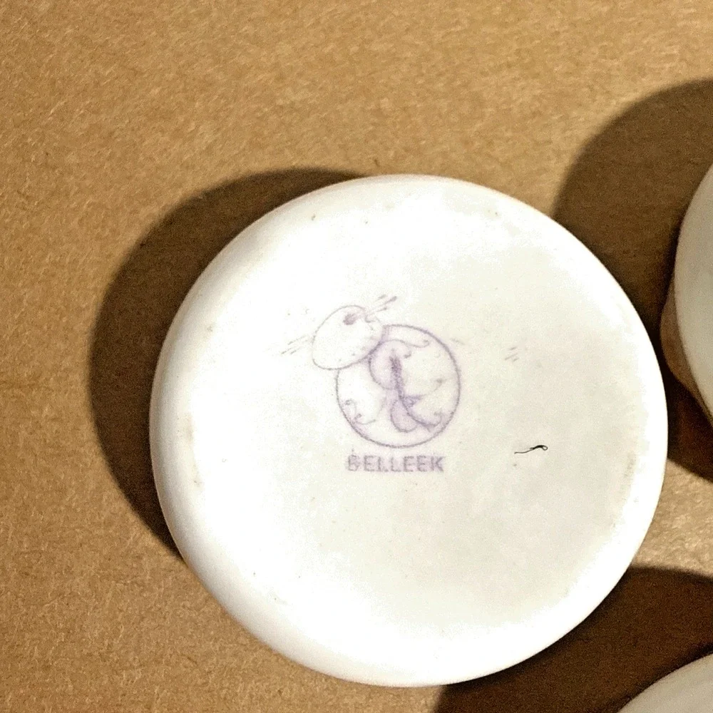 Vintage Belleek Open Salt Dish 5pc Set White Porcelain Gold Rim Ireland